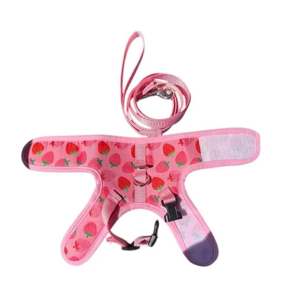 Pink Strawberry Print Cat Harness Leash Set Small